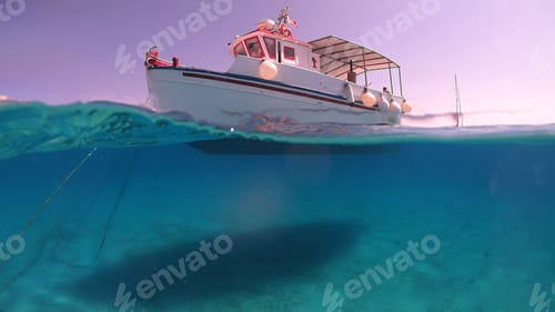 Preview: Above And Below Underwater Photo Of Colourful Fishing Boat In Turquoise Clear Greek Island Sea