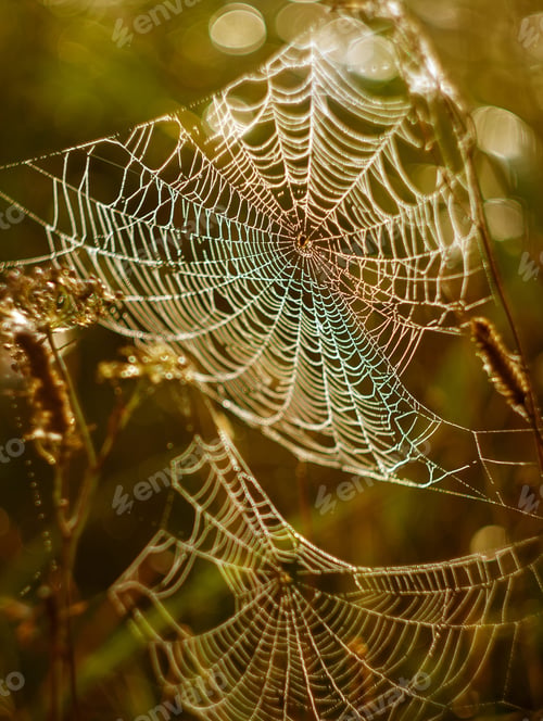 Preview: Web Of A Spider Against Sunrise In The Field Covered Fogs