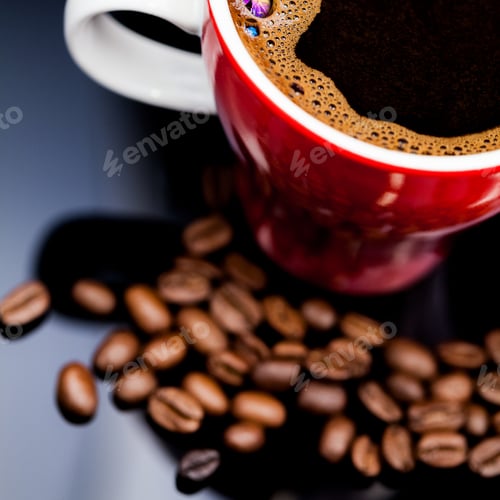 Preview: Red Cup Of Coffee With Coffee Beans And Dark Background