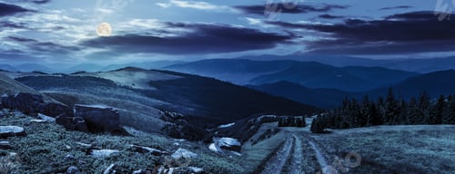 Preview: Composite Mountain Landscape. Path Through Meadow On Mountain Range With Huge Boulders Near Pine