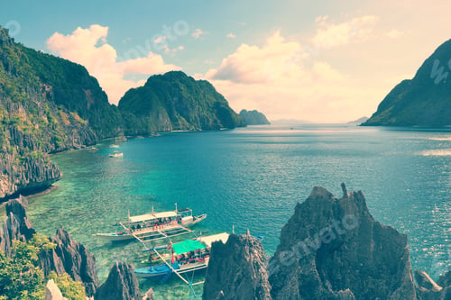 Preview: Philippines Landscape - Mantiloc Island On Palawan Island Hopping Tour. Retro Style.
