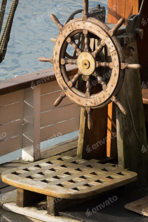 Preview: Wooden Steering Wheel On An Old Ship