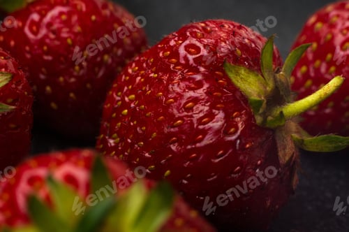 Preview: Fresh Ripe Berries Strawberries On Black Ceramic Plate On White Background, Macro Photo