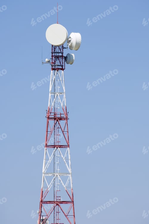 Preview: Telecommunications Tower, Painted White And Red In A Day Of Clear Blue Sky