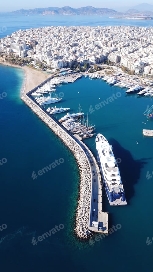 Preview: Aerial Drone Bird'S Eye View Of Iconic Port Of Piraeus With Boats Docked, Attica, Greece