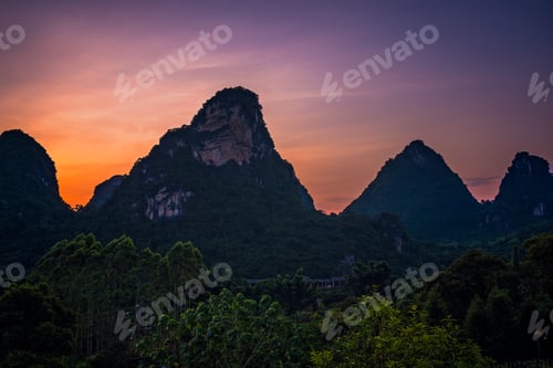 Preview: Beautiful Impressive Karst Mountain Landscape In Yangshuo At Dusk, Guangxi Province, China