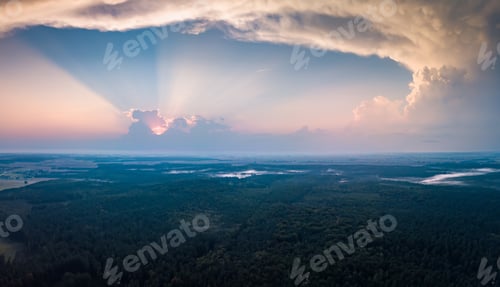 Preview: Beautiful Misty Evening Panoramic Landscape Photographed From Drone. Magical Atmosphere.