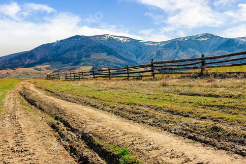 Preview: Spring Time Rural Landscape. Wooden Fence Along The Path Through Agricultural Fields In Carpathian