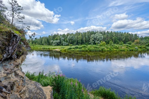 Preview: Open View To The River Of Gauja In Latvia With Cloud Reflections In Water, Blue Sky Summer Day