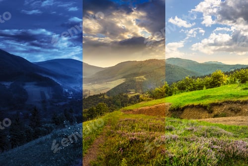 Preview: Day And Night Composite Mountain Landscape. Flowers On Hillside Meadow Near Village In Foggy