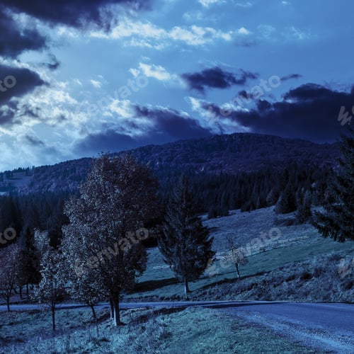Preview: Asphalt Road Going Passes Through The Autumn Forest In Mountain At Night In Full Moon Light