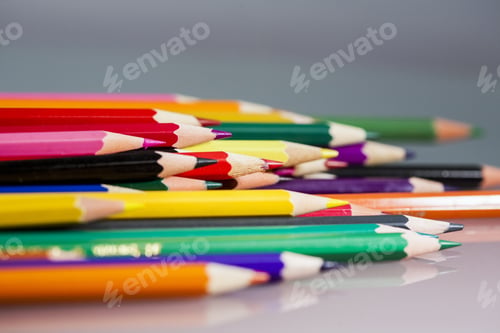 Preview: Group Of Sharp Colored Pencils With Reflexions