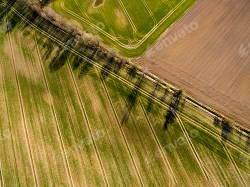 Preview: Drone Image. Aerial View Of Rural Area With Fields And Forests And Water Reflections In River In