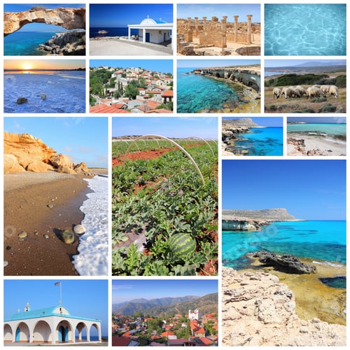 Preview: Cyprus Travel Photo Collage - Images Collection With Monuments, Kavo Greko, Paphos And Beaches.