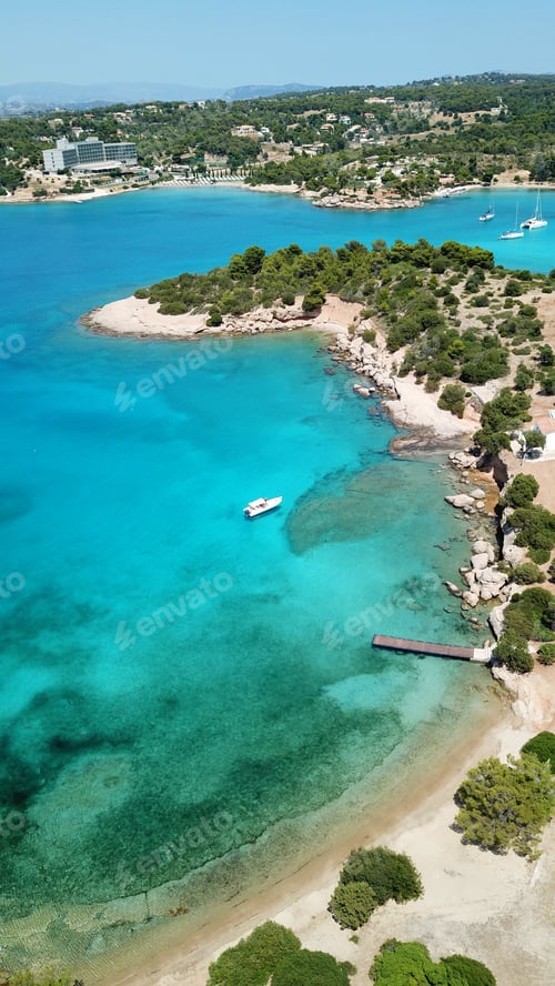 Preview: Aerial View Of Paradise Tropical Islet With Yachts Docked And Turquoise, Sapphire Clear Waters