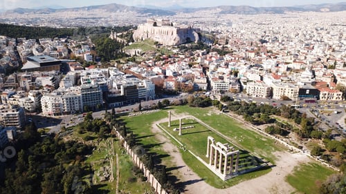Preview: Aerial Drone Photo Of Iconic Pillars Of Temple Of Olympian Zeus And World Famous Acropolis Hill
