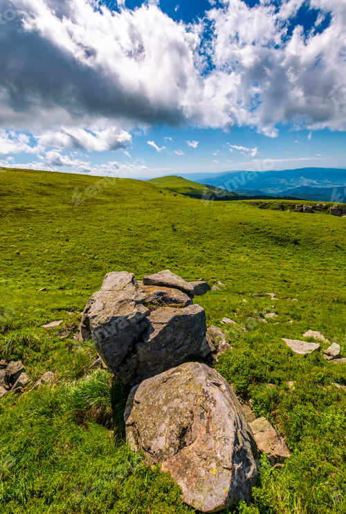 Preview: Giant Boulders On Grassy Slopes Of Polonina Runa. Beautiful Summer Scenery In Carpathian Mountains