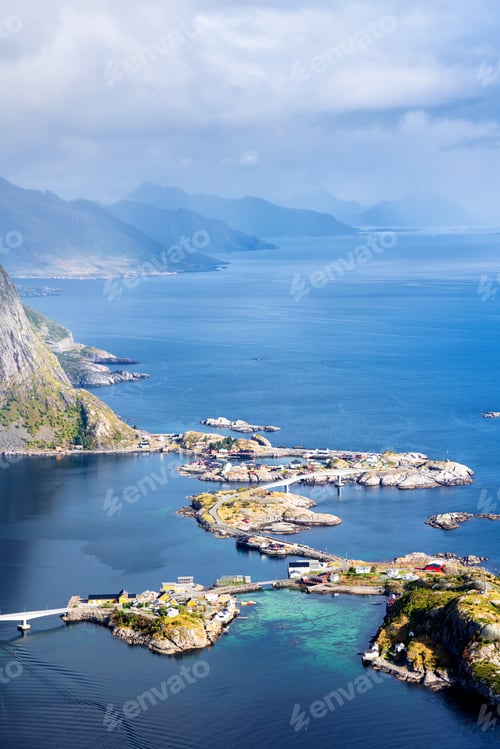 Preview: Sunny Aerial Panoramic View On Stunning Mountains And Village Of Reine In Lofoten Islands, Norway