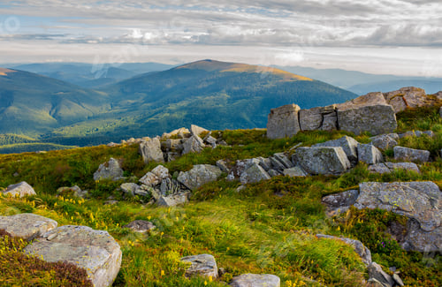 Preview: Row Of Boulders On The Hillside. Lovely View From Runa Mountain, Ukraine. Cloudy August Morning