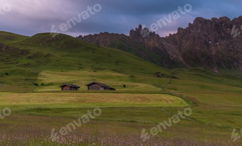 Preview: Cottages At Alpe Di Siusi At Sunrise In The Dolomites