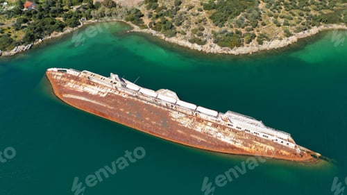 Preview: Aerial Drone Photo Of Shipwreck Passenger Ship Sunk Near Shore In Mediterranean Sea