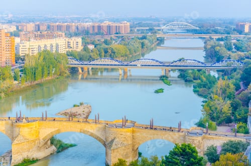 Preview: Aerial View Of The Puente De Piedra And Puente De Pilar In The Spanish City Zaragoza