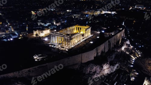 Preview: Aerial Birds Eye View Night Photo Taken By Drone Of Iconic Acropolis Hill And The Parthenon, Athens