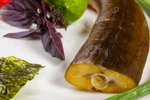 Preview: Smoked Garfish With Lime, Basil, Green Onions, Chili, Nori Chips, Spices, Olive Oil In A White