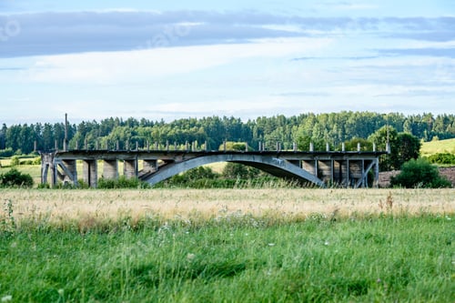 Preview: Old Bridge With Wheat Field And Electric Poles With Wires In The Wheat Field