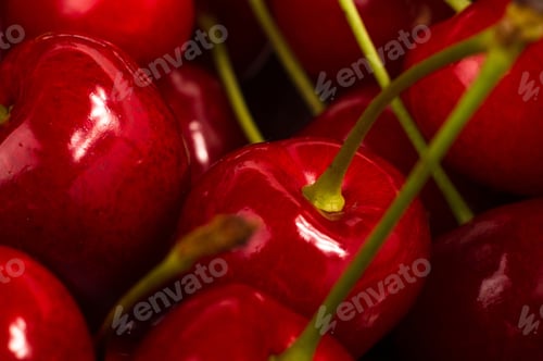 Preview: Large Ripe Red Sweet Cherries In A Dish Of Stainless Steel, Close-Up, Macro