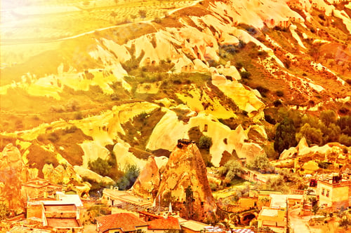Preview: Mountain Landscape Vintage Retro Style With Sun Flare, Goreme, Cappadocia, Turkey.