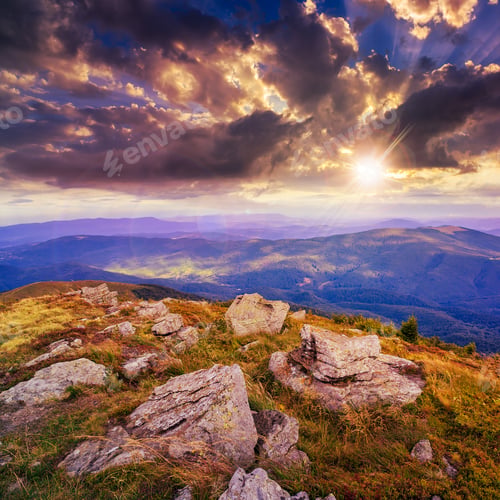 Preview: Mountain Landscape. Valley With Stones On The Hillside. Forest On The Mountain Under The Beam Of