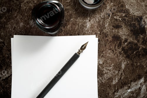 Preview: Nib Pen For Calligraphy And Inkwell On A Table.