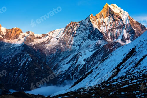Preview: Panorama Of Mount Machapuchare (Fishtail) At Sunset, View From Annapurna Base Camp In The Nepal