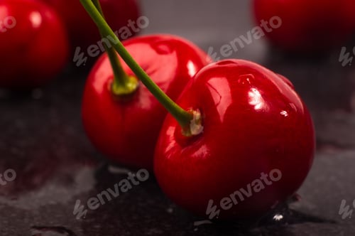 Preview: Large Ripe Red Sweet Cherries In A Dish Of Stainless Steel, Close-Up, Macro