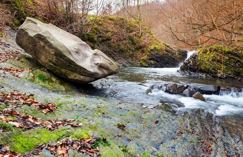 Preview: Giant Boulder And Small Cascade On The River. Lovely Autumn Scenery Of Carpathian Nature. Location