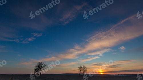 Preview: Beautiful Evening Colorful Sky Over Plowed Fields And Trees, Typical European Village Landscape.