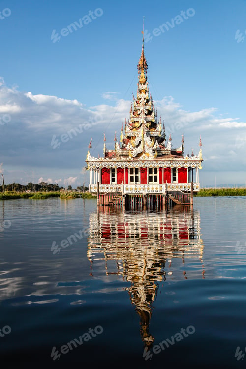 Preview: The Scenic White Pagoda With Golden Spire And Carved Hti Umbrella On The Top, Ywama, Inle Lake