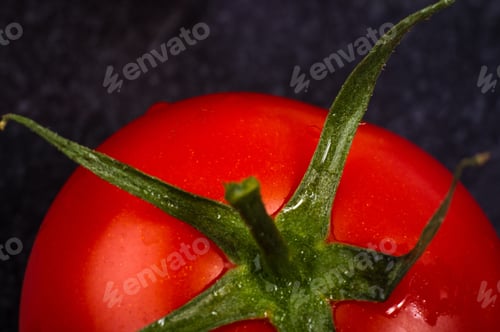 Preview: Fresh Ripe Tomatoes On Black Background, Macro Photo