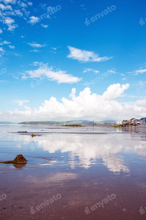 Preview: Beautiful Blue Summer Sky And Clouds Along The Beach In Borth, Cardigan Bay, Wales.