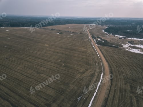 Preview: Drone Image. Aerial View Of Rural Area With Fields In Early Spring. Latvian Agriculture Landscape