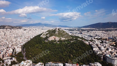 Preview: Aerial Birds Eye View Photo Taken By Drone Of Lycabettus Hill And Iconic Saint George Chapel On Top