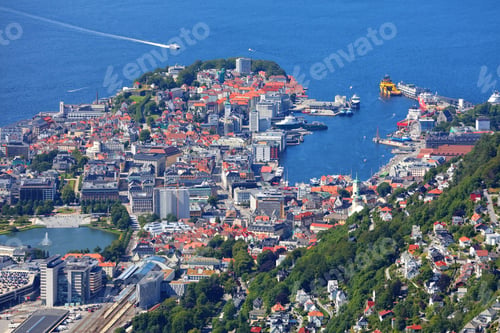 Preview: Bergen City, Norway. Summer Aerial View Of Downtown Bergenhus And Bryggen Districts.