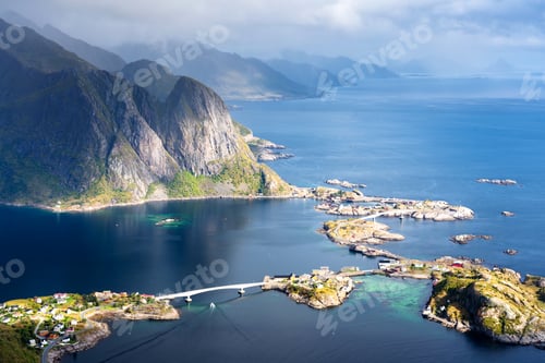 Preview: Sunny Aerial Panoramic View On Stunning Mountains And Village Of Reine In Lofoten Islands, Norway