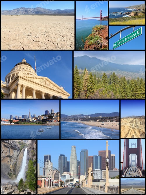 Preview: California Landmark Photos Collage With Los Angeles, San Francisco, Sacramento, Death Valley