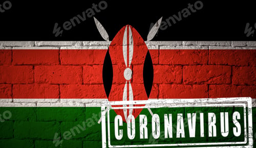 Preview: Flag Of The Kenya On Brick Wall Texture. Stamped Of Coronavirus. Corona Virus Concept. On The Verge