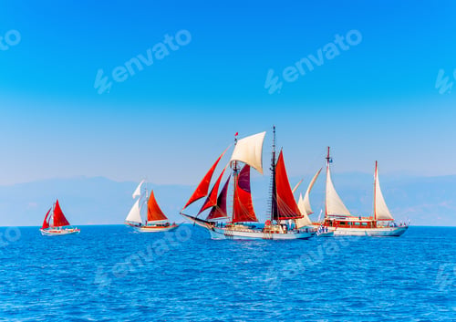 Preview: Several Old Classic Wooden Sailing Boats During A Classic Boats Regatta In Spetses Island In Greece