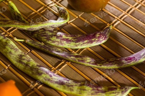 Preview: Autumn Still Life - Asparagus Beans, Purple Basil, Yellow And Chocolate Tomatoes On Bamboo Mat