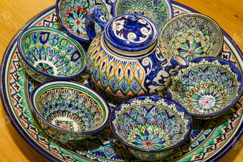Preview: Traditional Uzbek Plates And Dishes In Uzbekistan, Central Asia. Silk Road Country.Plates With