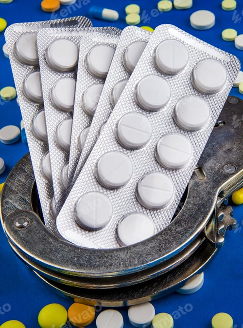 Preview: Pills With A Handcuffs On The Blue Paper Background Closeup